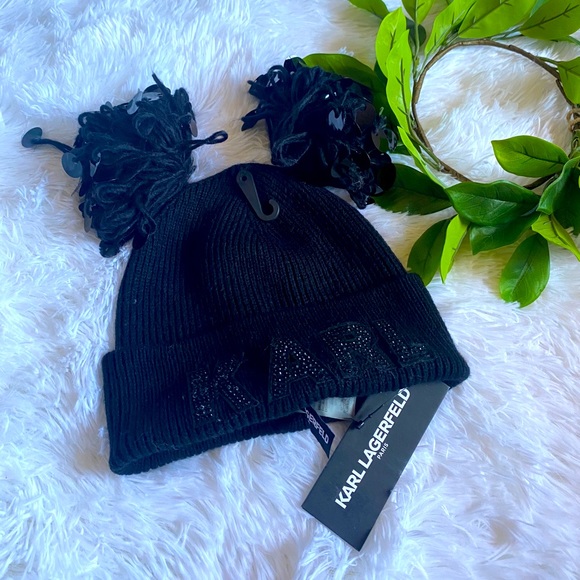 Karl Lagerfeld Accessories - [KARL LAGERFELD] BLACK POM POM BEANIE